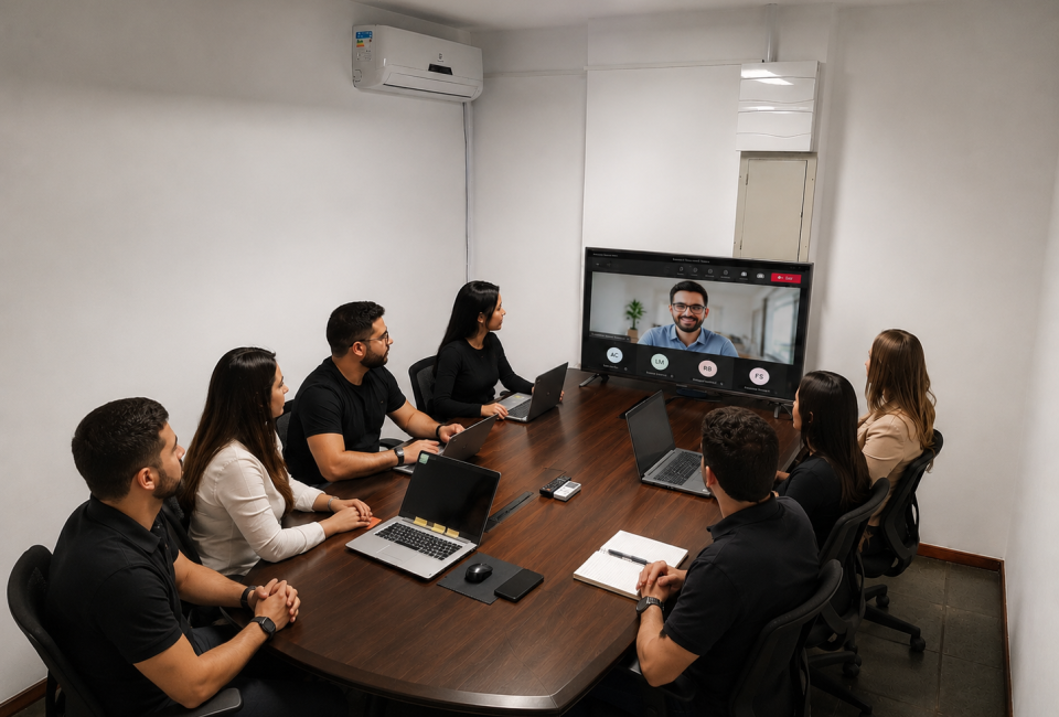 Sala de reunião em coworking Autom Hub em Curitiba com TV para até 7 pessoas